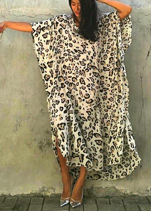 Art Leopard Tie Waist Cotton Dress Summer Beach Gown