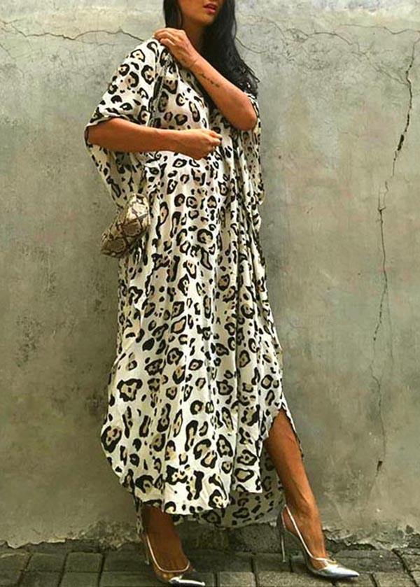 Art Leopard Tie Waist Cotton Dress Summer Beach Gown