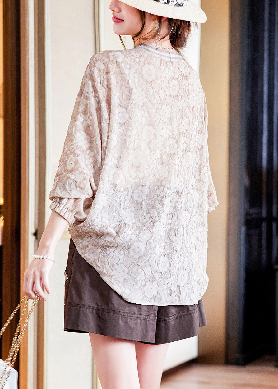 Art Light Coffee O-neck Embroideried Chiffon Top and Slip Two Piece Set Long Sleeve
