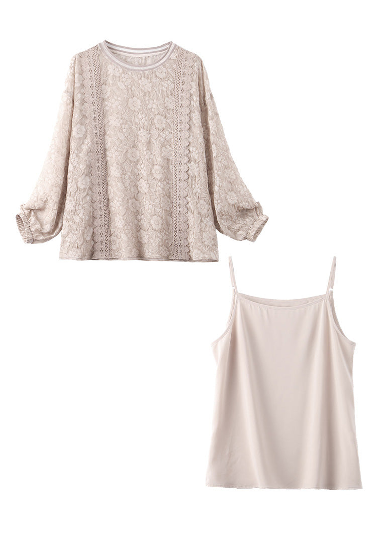 Art Light Coffee O-neck Embroideried Chiffon Top and Slip Two Piece Set Long Sleeve
