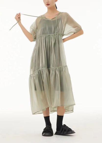 Art Light Green Oversized Lace Up Tulle Dress Sets 2 Pieces Summer