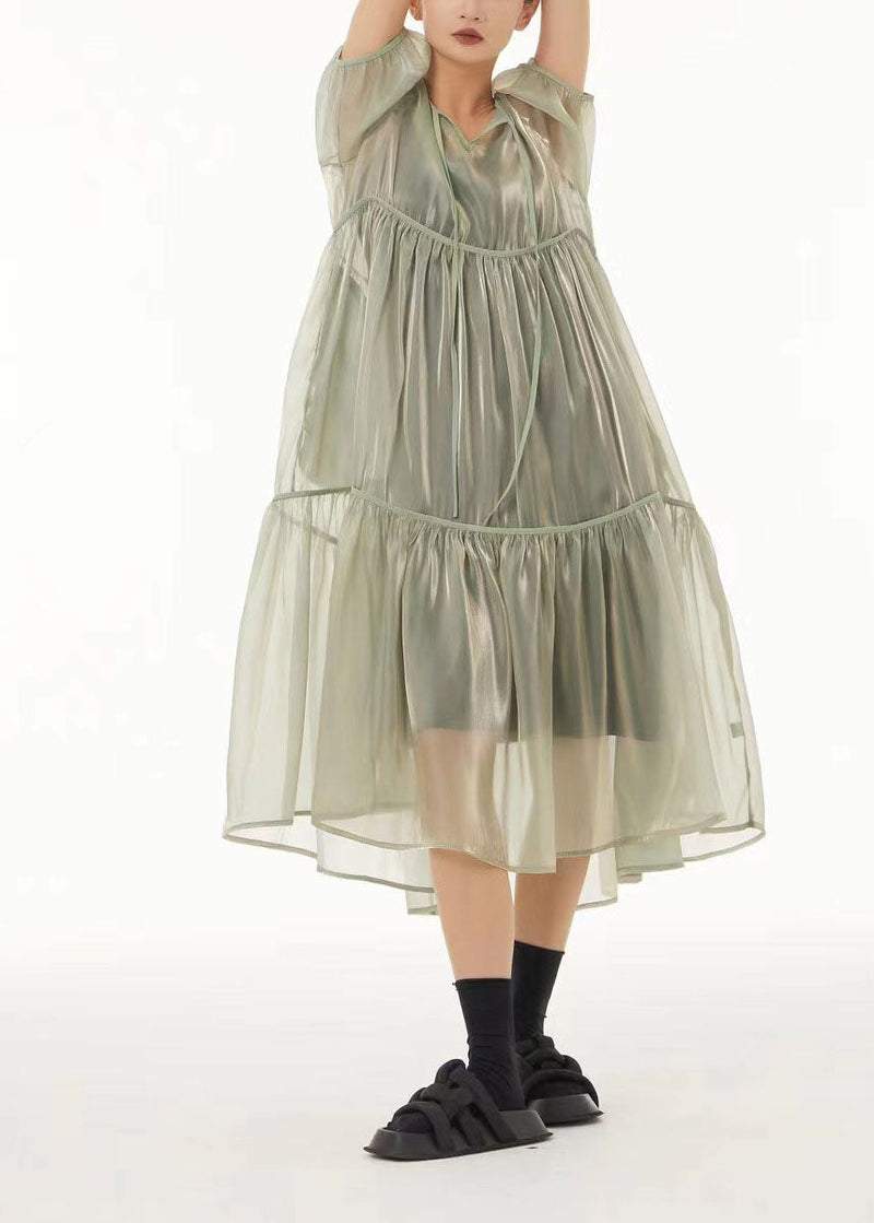 Art Light Green Oversized Lace Up Tulle Dress Sets 2 Pieces Summer