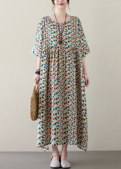 Art Light Khaki O-neck Dot Print Pockets Long Dresses Summer