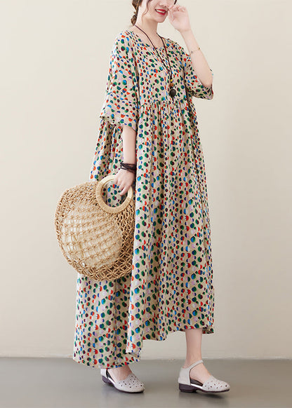 Art Light Khaki O-neck Dot Print Pockets Long Dresses Summer
