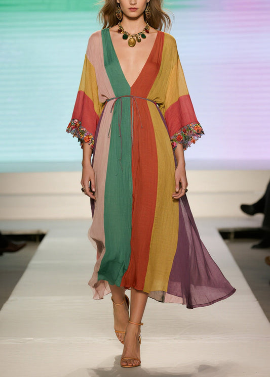 Art Multicolored Striped Oversized Patchwork Lace Holiday Dress Summer