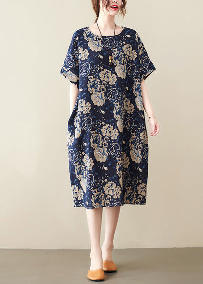 Art Navy Blue O-neck Print Maxi Dress Short Sleeve