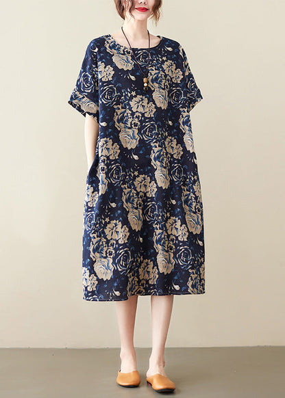 Art Navy Blue O-neck Print Maxi Dress Short Sleeve