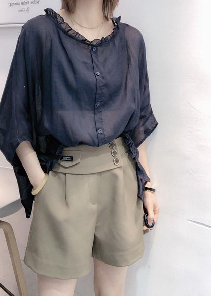 Art Navy Tops Ruffles Trim Half Sleeve Shirts Blouse