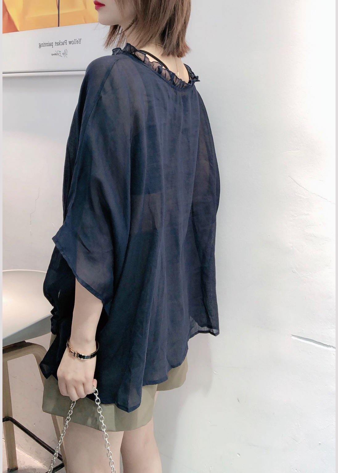 Art Navy Tops Ruffles Trim Half Sleeve Shirts Blouse