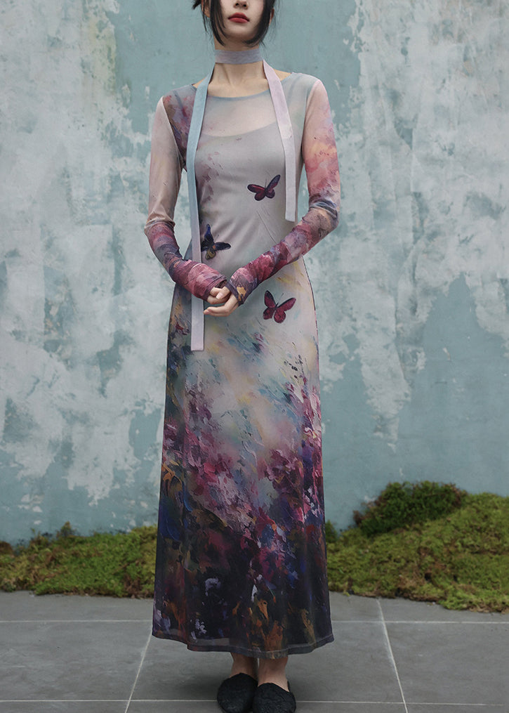 Art O-neck Butterfly Print Tulle Two Pieces Set Fall