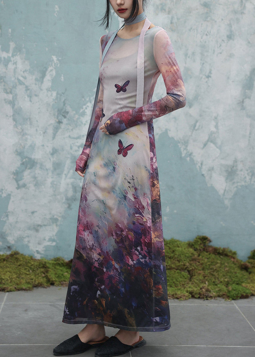 Art O-neck Butterfly Print Tulle Two Pieces Set Fall