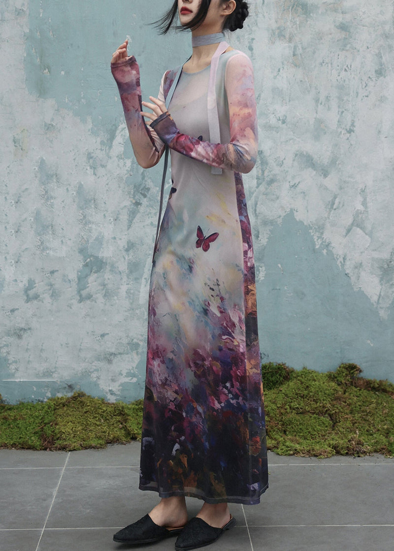 Art O-neck Butterfly Print Tulle Two Pieces Set Fall