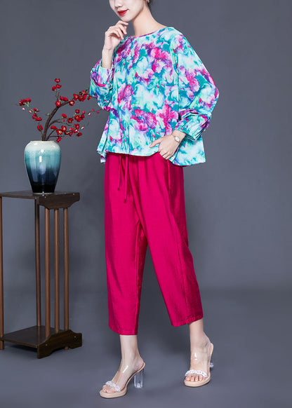 Art O-neck Oversized Print Tops and Pants Two Pieces Set Batwing Sleeve