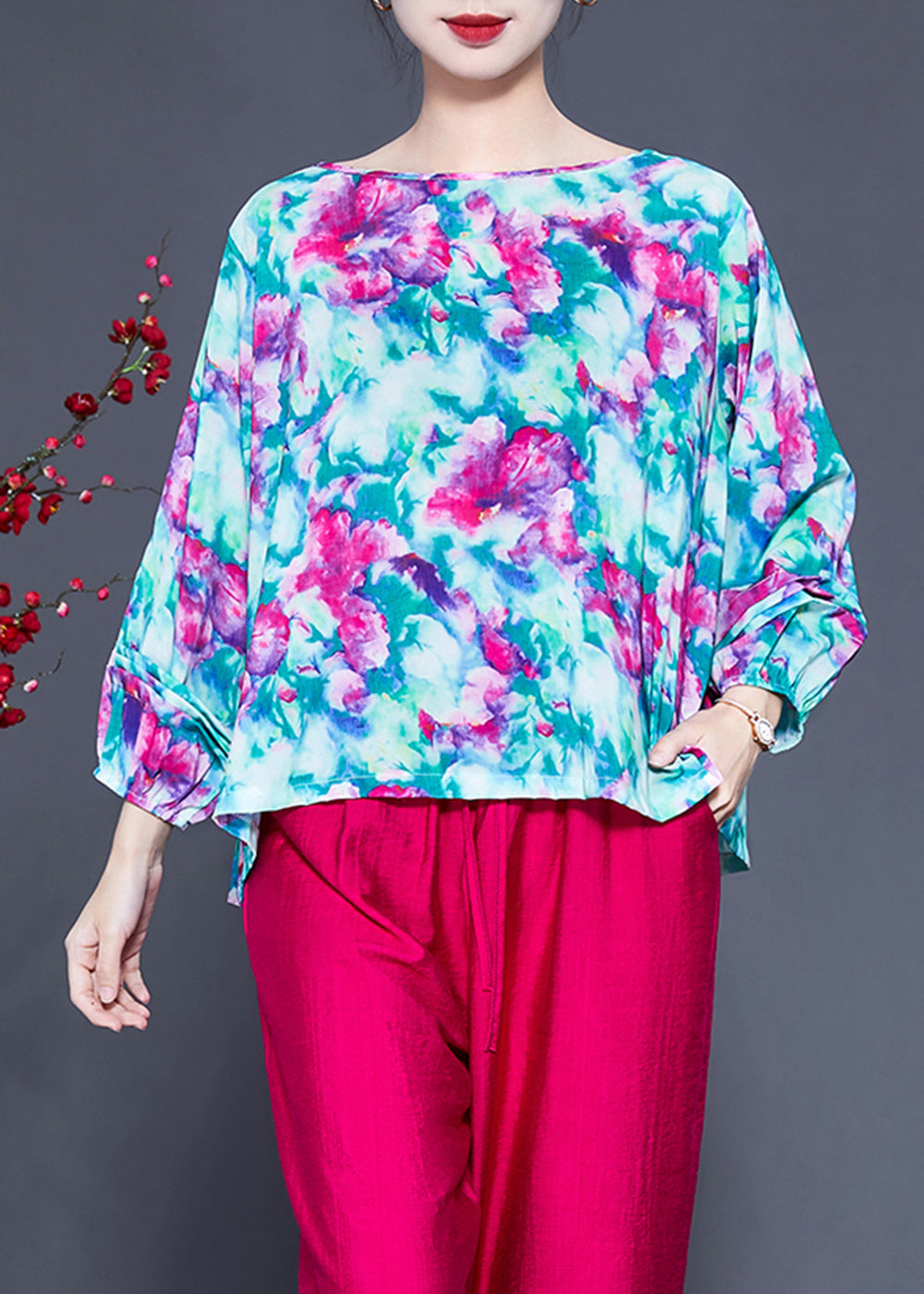Art O-neck Oversized Print Tops and Pants Two Pieces Set Batwing Sleeve