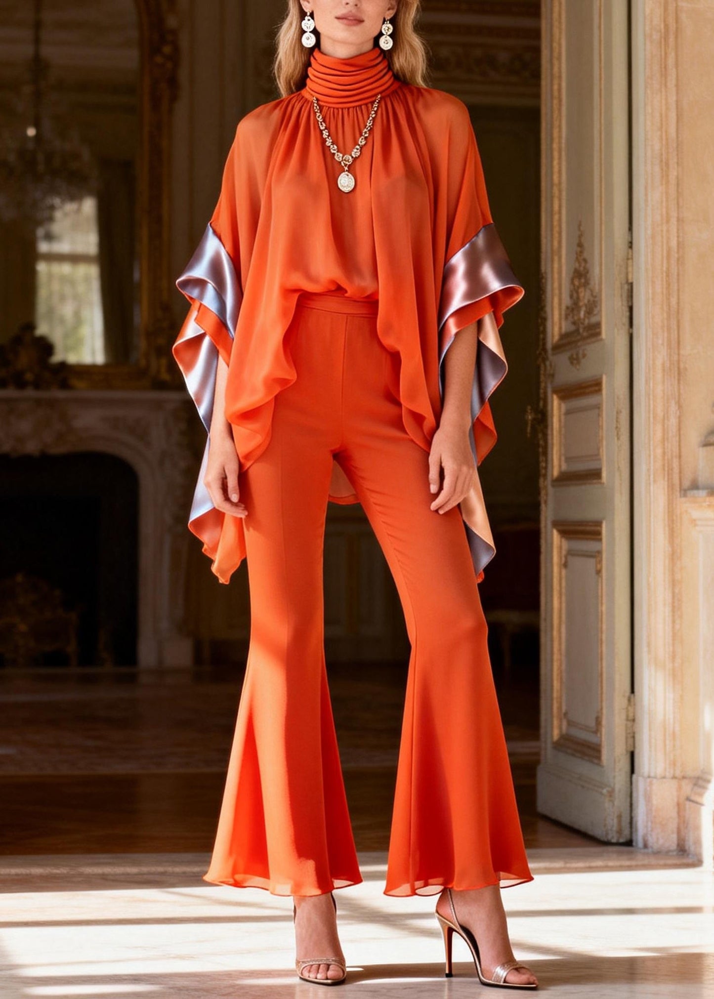 Art Orange Turtleneck Patchwork Chiffon Top and Flared Trousers Two Piece Set Flare Sleeve