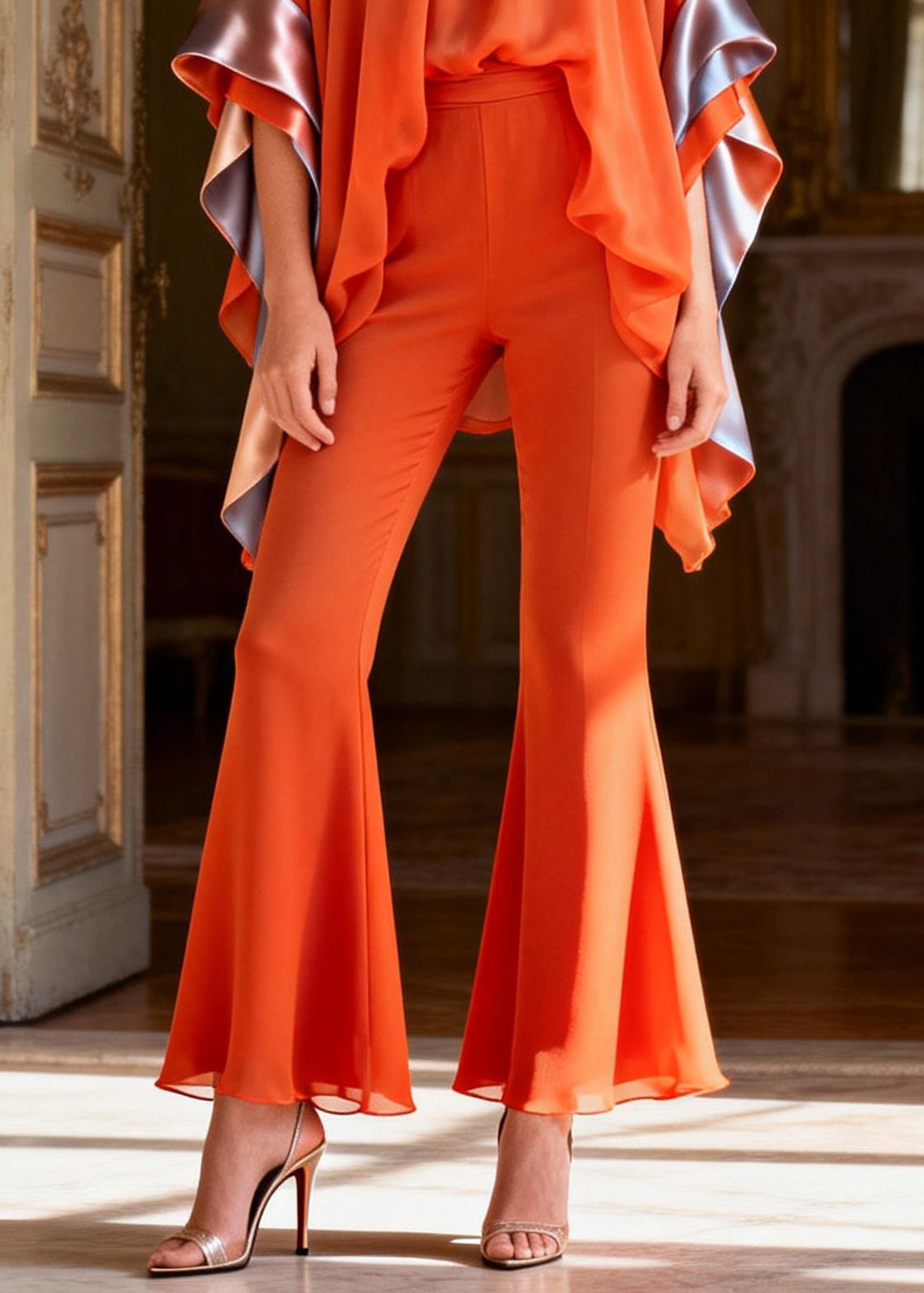 Art Orange Turtleneck Patchwork Chiffon Top and Flared Trousers Two Piece Set Flare Sleeve