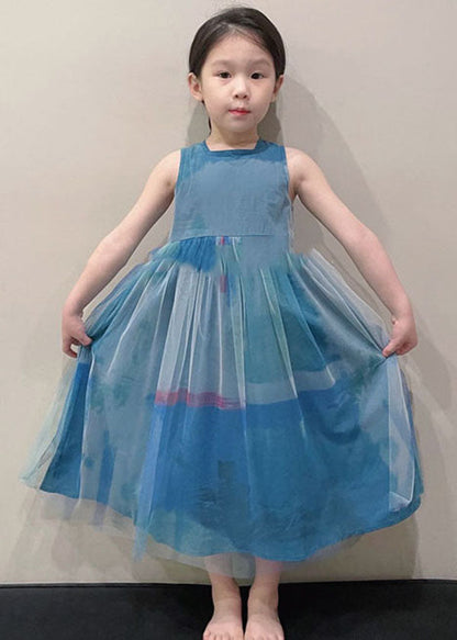 Art Peacock Blue O Neck Wrinkled Patchwork Tulle Kids Long Dress Sleeveless