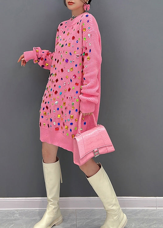 Art Pink O-neck Bright Diamond Knit Mid Dress Winter