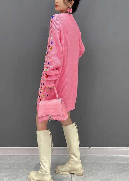 Art Pink O-neck Bright Diamond Knit Mid Dress Winter