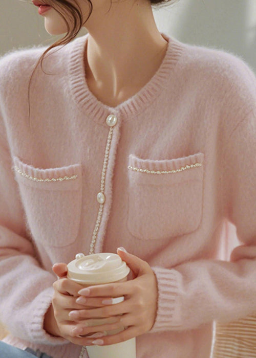 Art Pink O-neck Button Pockets Knit Cardigan Spring