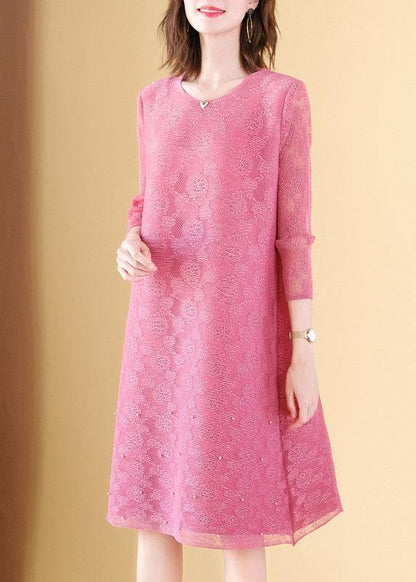 Art Pink O-neck Long Sleeve Maxi Summer Lace Dress