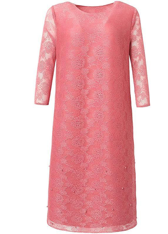 Art Pink O-neck Long Sleeve Maxi Summer Lace Dress