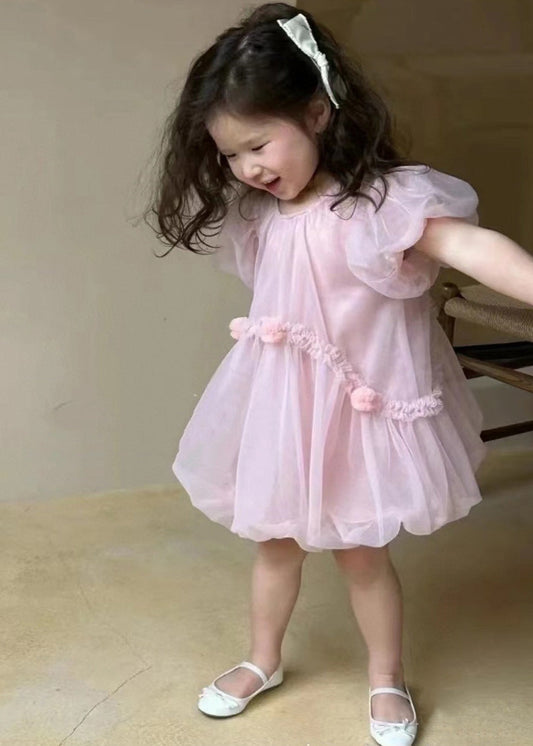 Art Pink O-neck Patchwork Tulle Baby Mid Dress Short Sleeve
