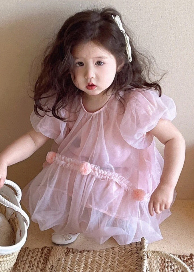 Art Pink O-neck Patchwork Tulle Baby Mid Dress Short Sleeve