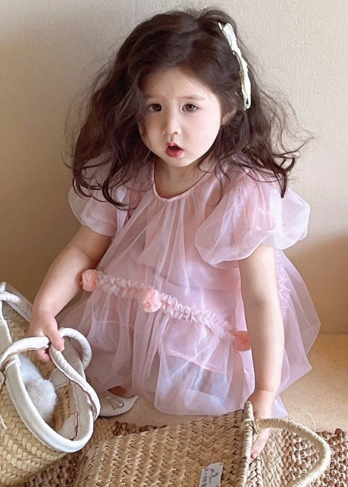 Art Pink O-neck Patchwork Tulle Baby Mid Dress Short Sleeve