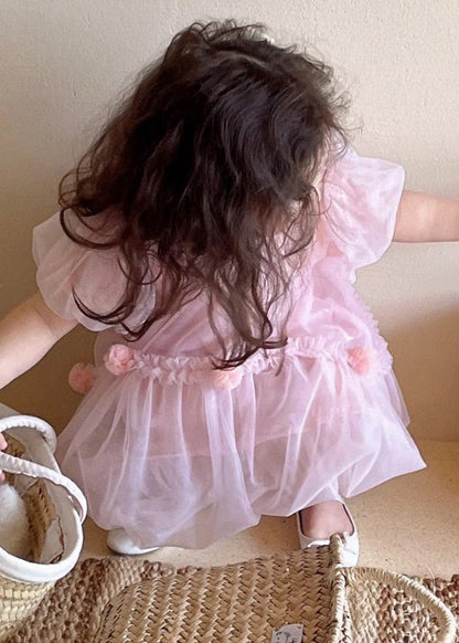 Art Pink O-neck Patchwork Tulle Baby Mid Dress Short Sleeve