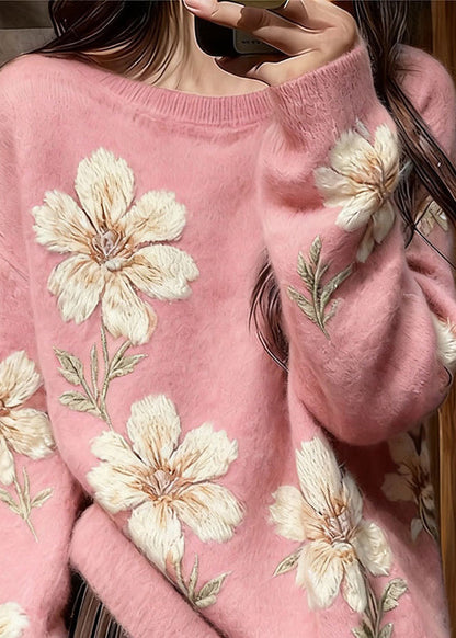 Art Pink O Neck Thick Knit Sweaters Winter