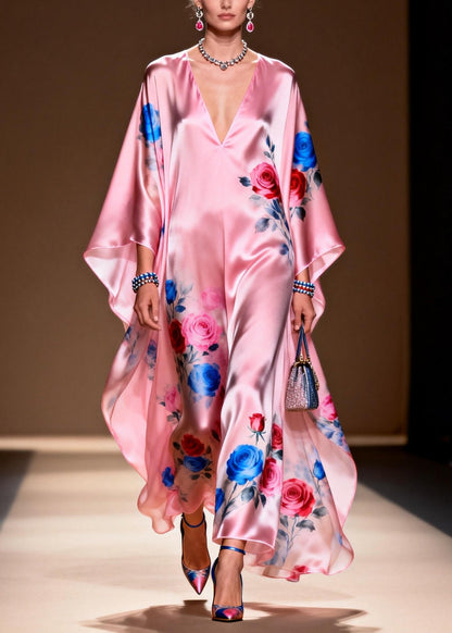Art Pink Oversized Print Silk Party Dress Summer