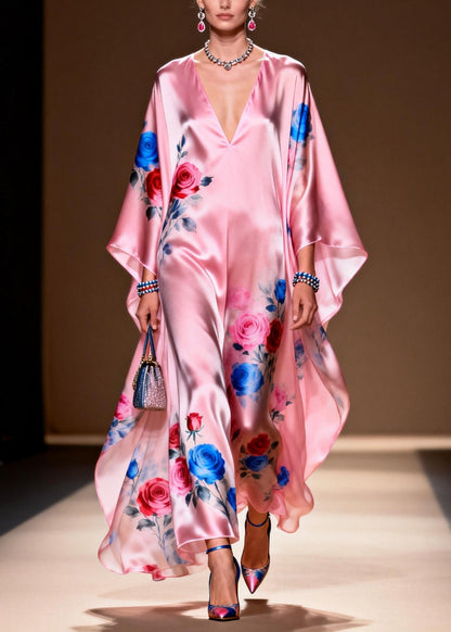 Art Pink Oversized Print Silk Party Dress Summer