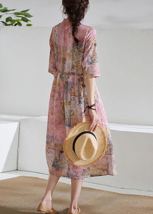 Art Pink Tie Waist Button Print Summer Ramie Vacation Dresses Half Sleeve