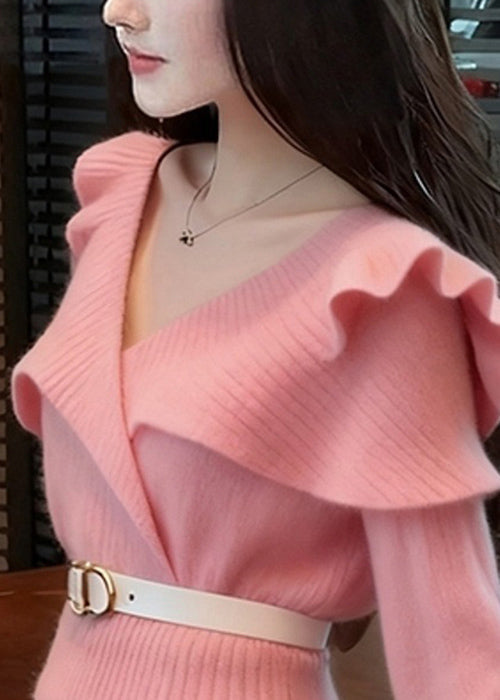 Art Pink V Neck Ruffled Knit Sweater Spring