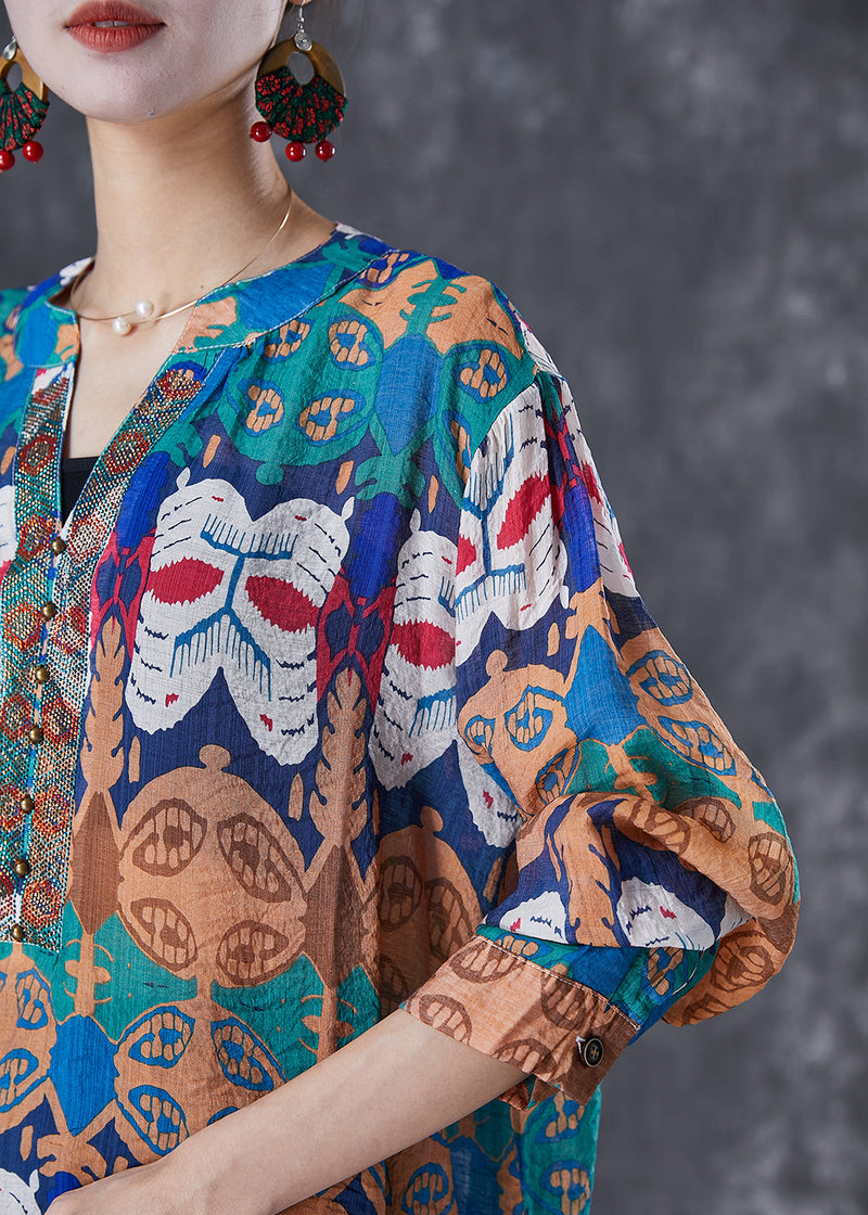Art Print Oversized Rivet Cotton Shirts and Denim Pants Two Pieces Set Summer