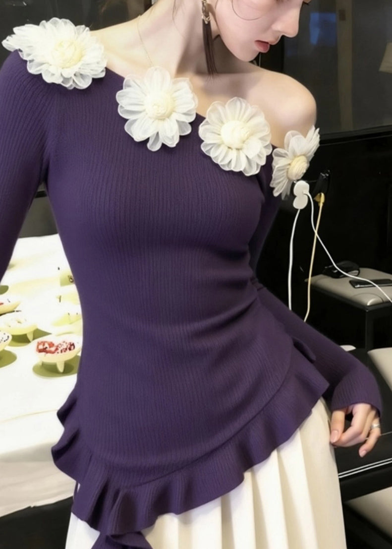 Art Purple Cold Shoulder Knit Sweater Winter