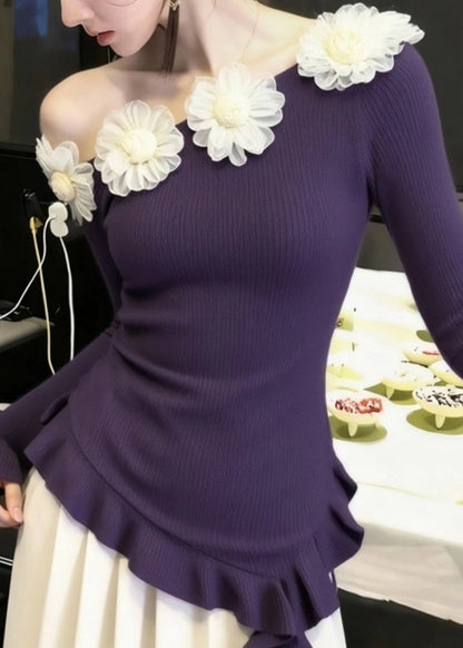 Art Purple Cold Shoulder Knit Sweater Winter