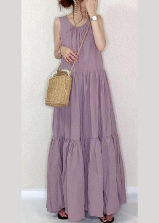 Art Purple O-neck Patchwork Wrinkled Cotton Long Dress Summer