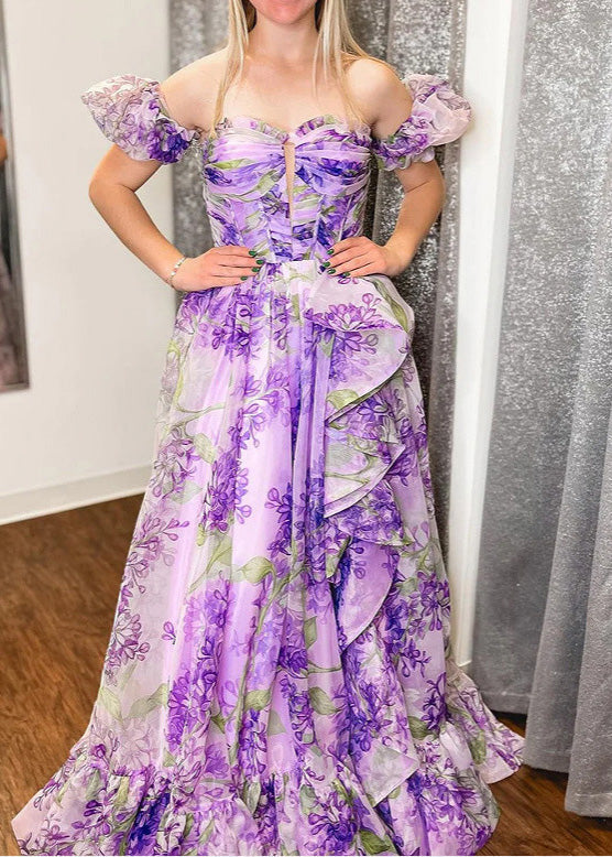 Art Purple Ruffled Asymmetrical Print Chiffon Dress Summer