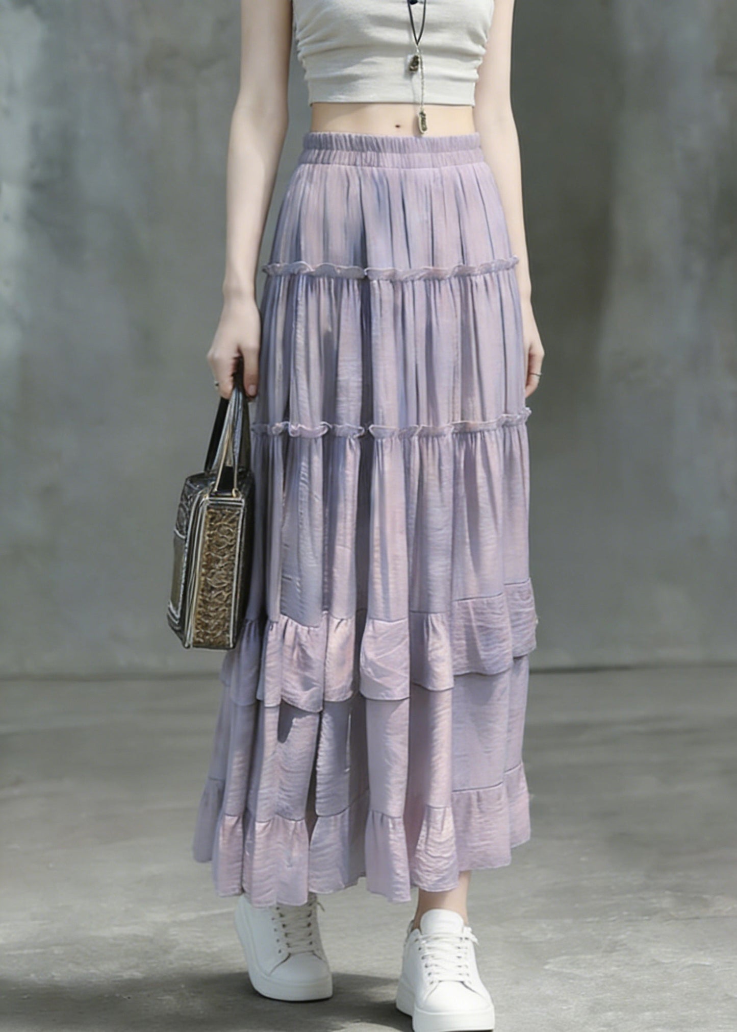 Art Purple Ruffled Patchwork Maxi Skirts