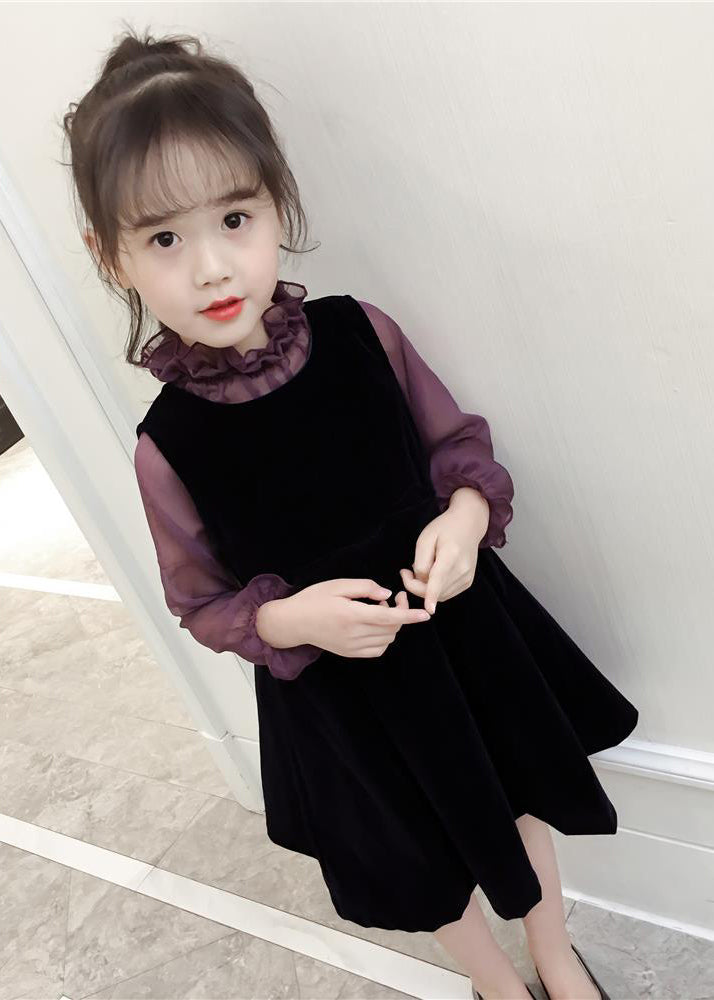 Art Purple Ruffled Patchwork Velour Baby Dress Two Pieces Set Fall