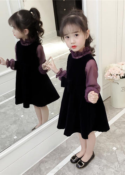 Art Purple Ruffled Patchwork Velour Baby Dress Two Pieces Set Fall