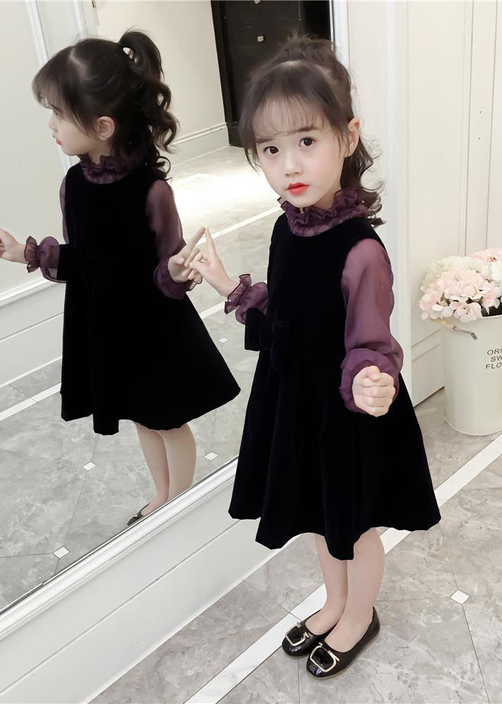 Art Purple Ruffled Patchwork Velour Baby Dress Two Pieces Set Fall
