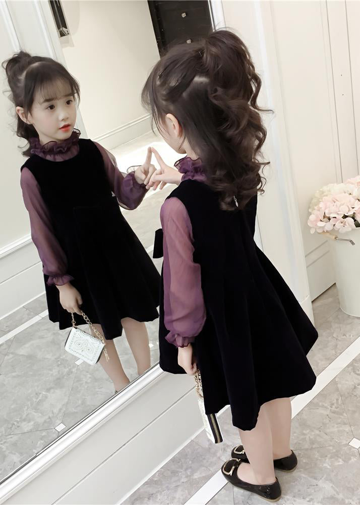 Art Purple Ruffled Patchwork Velour Baby Dress Two Pieces Set Fall