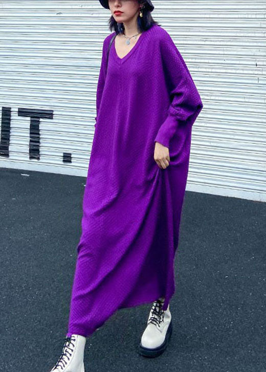 Art Purple V Neck Loose Fall Long Knit Dress