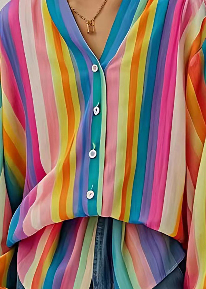 Art Rainbow V Neck Striped Linen Upf 50+ Top Summer