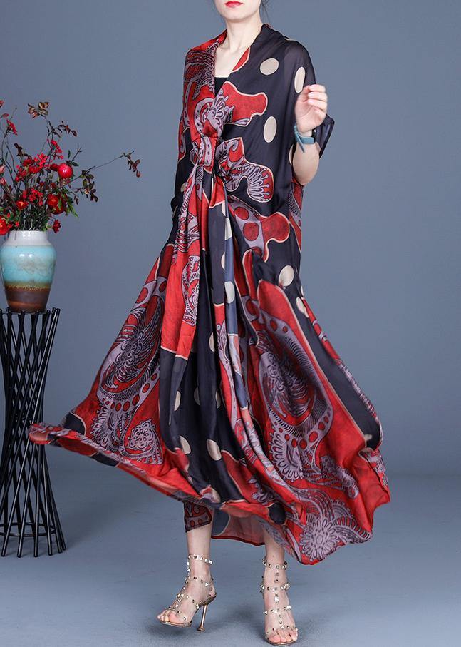 Art Red Dot Print Silk Two Pieces Set Summer Long Dress