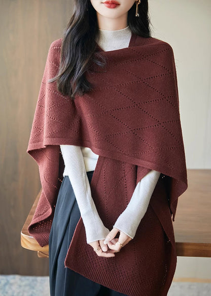 Art Red Hollow Out Knit Shawl Sweater Fall