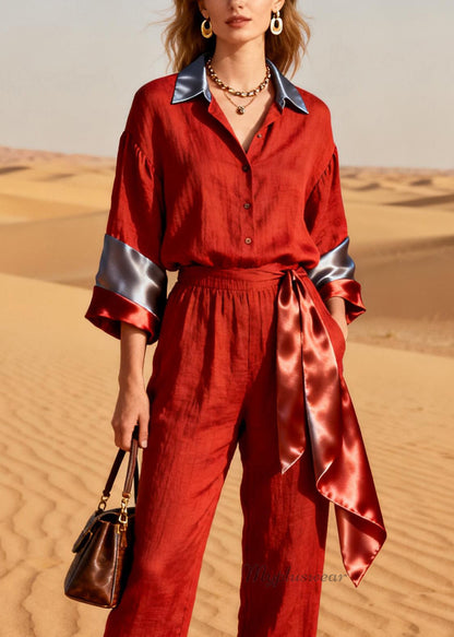 Art Red Peter Pan Collar Patchwork Linen Silk Two Piece Set Outfits Summer